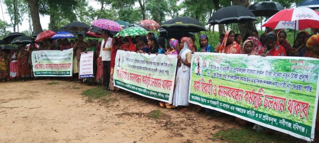 নবীগঞ্জে ইমাম ও বাওয়ানী চা-বাগান শ্রমিকদের বিক্ষোভ ও মানববন্ধন অনুষ্ঠিত